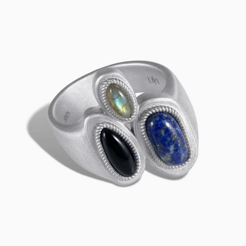 925 Sterling Silver Asymmetrical Lapis Lazuli & Black Onyx Vintage Ring - Archipelago Front View