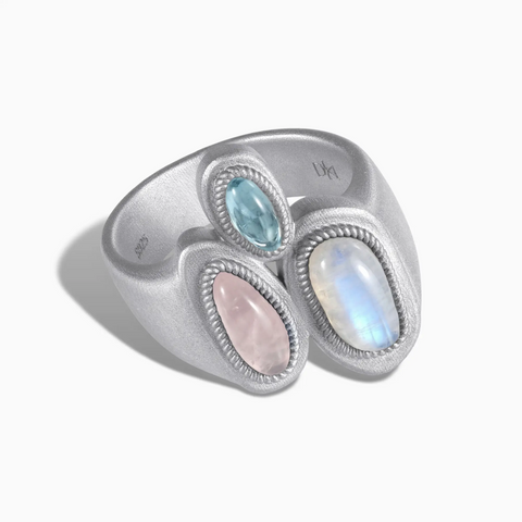 925 Sterling Silver Asymmetrical Moonstone & Rose Quartz Vintage Ring - Archipelago Front View