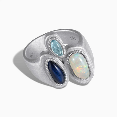 925 Sterling Silver Asymmetrical Opal & Blue Sapphire Vintage Ring - Archipelago Front View