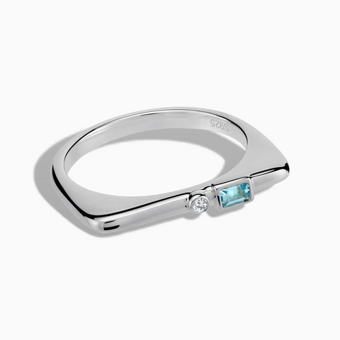 925 Sterling Silver Baguette Aquamarine Puzzle Stacking Ring - Minimal Mood Front View