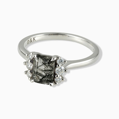 925 Sterling Silver Baguette Black Rutilated Quartz Ring – Seraph Front View