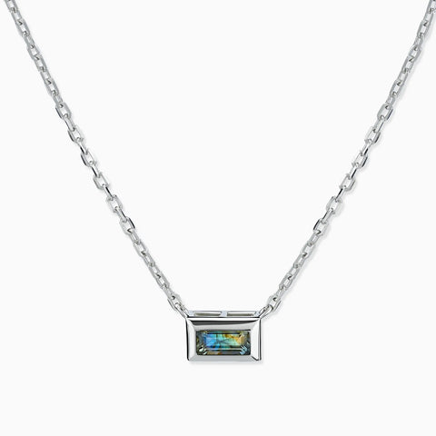 925 Sterling Silver Baguette Labradorite Bezel Necklace - Axiom Front View