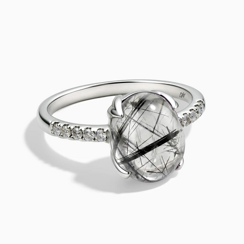 925 Sterling Silver Black Rutilated Quartz Cabochon Ring - Minimal Spiritual Front View