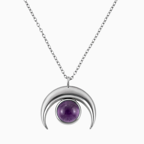 925 Sterling Silver Pear Cabochon Amethyst Crescent Moon Necklace - Lunar Halo Front View