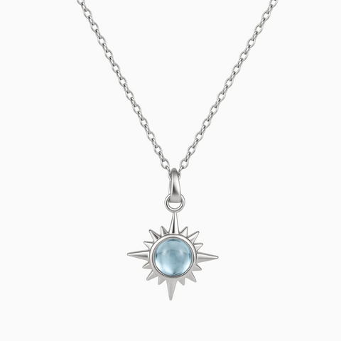 925 Sterling Silver Cabochon Aquamarine Radiant Necklace - Sunburst Front View