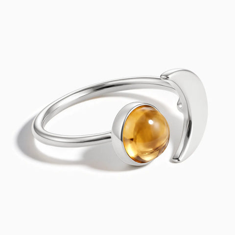 925 Sterling Silver Cabochon Citrine Crescent Open Ring - Cosmic Path Front View