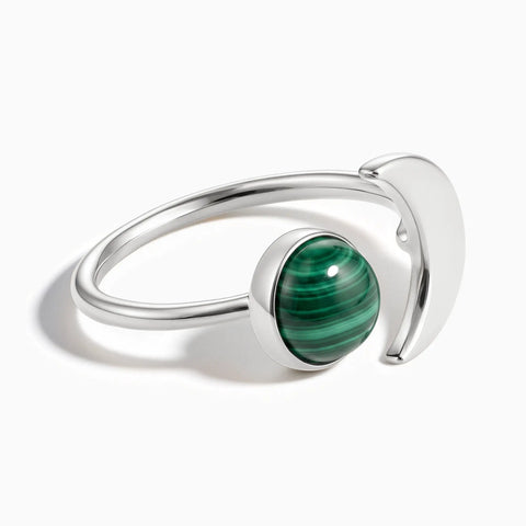 925 Sterling Silver Cabochon Malachite Crescent Open Ring - Cosmic Path Front View