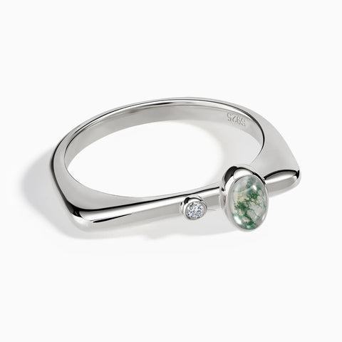925 Sterling Silver Cabochon Moss Agate Puzzle Stacking Ring - Minimal Bubble Front View