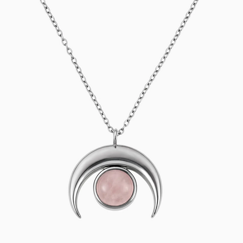 925 Sterling Silver Pear Cabochon Rose Quartz Crescent Moon Necklace - Lunar Halo Front View
