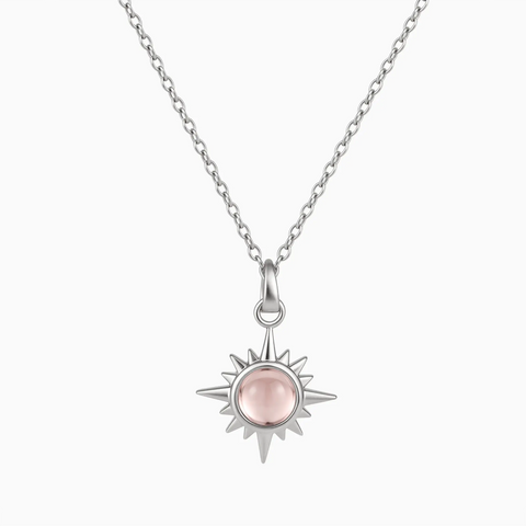925 Sterling Silver Cabochon Rose Quartz Radiant Necklace - Sunburst Front View