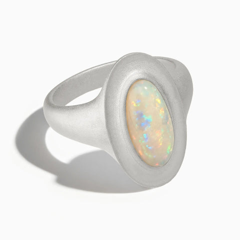 925 Sterling Silver Chunky Oval Opal Sandblasted Ring - The Zenith Front View