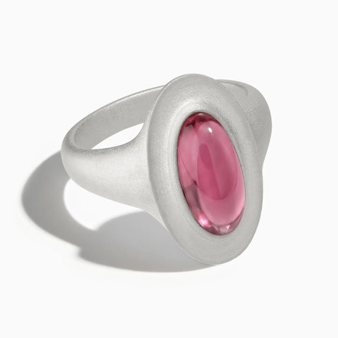 925 Sterling Silver Chunky Oval Pink Tourmaline Sandblasted Ring - The Zenith Front View