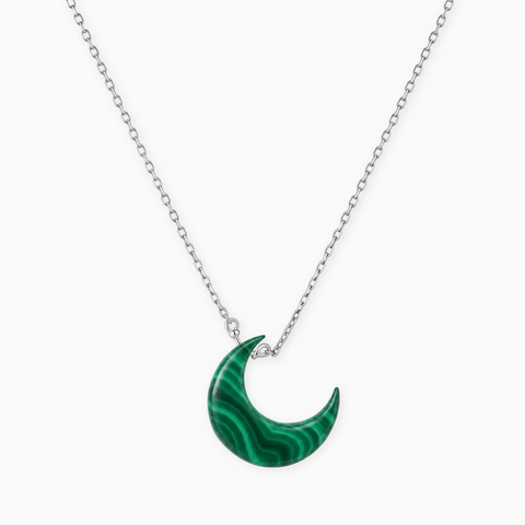 925 Sterling Silver Crescent Malachite Pendant Necklace - Nightfall Front View