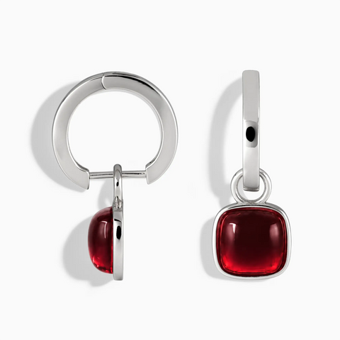 925 Sterling Silver Cushion Garnet Bezel Hoop Earrings - Quiet Sway Front View