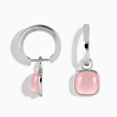 925 Sterling Silver Cushion Rose Quartz Bezel Hoop Earrings - Quiet Sway Front View
