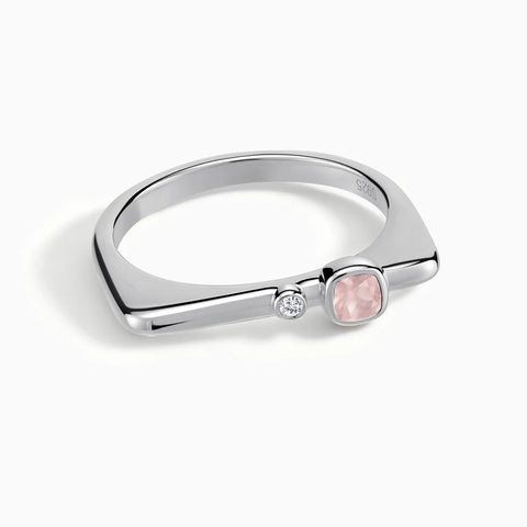 925 Sterling Silver Cushion Rose Quartz Puzzle Stacking Ring - Minimal Serenity Front View