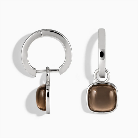 925 Sterling Silver Cushion Smoky Quartz Bezel Hoop Earrings - Quiet Sway Front View
