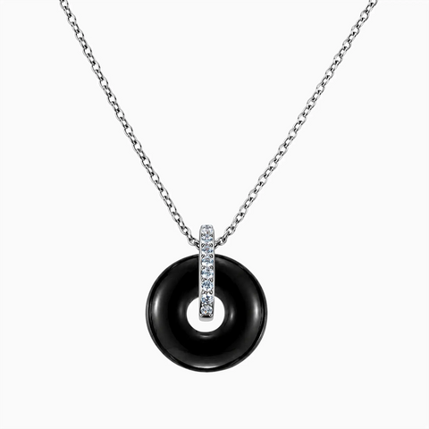 925 Sterling Silver Donut Black Onyx Pave Bar Necklace - Origin Loop Front View