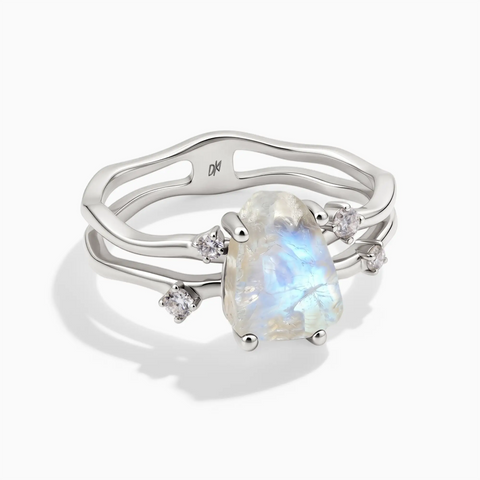 925 Sterling Silver Double Band Raw Moonstone Ring - Interweave Front View