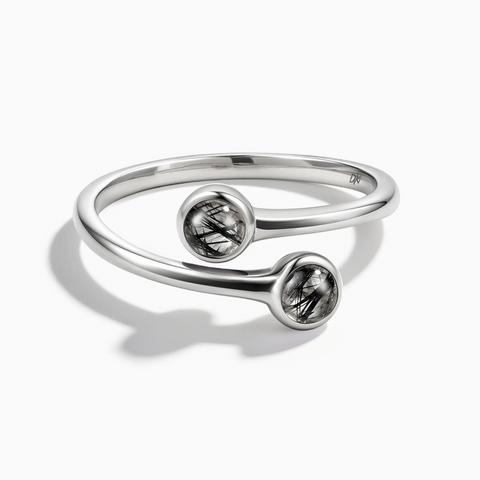 925 Sterling Silver Double Cabochon Black Rutilated Quartz Ring - Twins Collection Front View