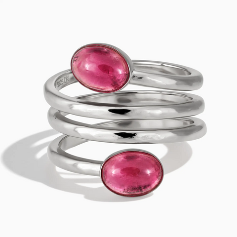 925 Sterling Silver Double Cabochon Pink Tourmaline Coil Ring - Endless Winding Front View