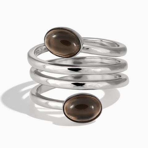 925 Sterling Silver Double Cabochon Smoky Quartz Coil Ring - Endless Winding Front View