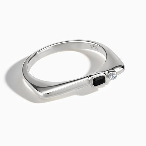 925 Sterling Silver Emerald Cut Black Onyx Puzzle Stacking Ring - Minimal Align Front View