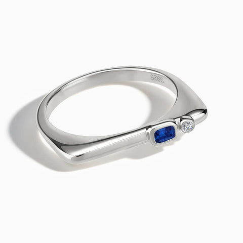 925 Sterling Silver Emerald Cut Blue Sapphire Puzzle Stacking Ring - Minimal Align Front View