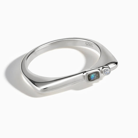 925 Sterling Silver Emerald Cut Labradorite Puzzle Stacking Ring - Minimal Align Front View