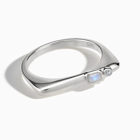 925 Sterling Silver Emerald Cut Moonstone Puzzle Stacking Ring - Minimal Align Front View