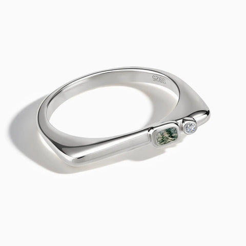 925 Sterling Silver Emerald Cut Moss Agate Puzzle Stacking Ring - Minimal Align Front View