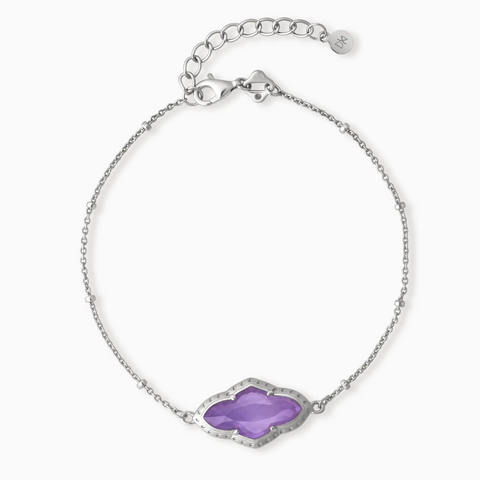 925 Sterling Silver Flower Amethyst Bezel Bracelet - Retro Charm Front View