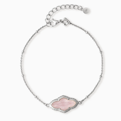 925 Sterling Silver Flower Rose Quartz Bezel Bracelet - Retro Charm Front View