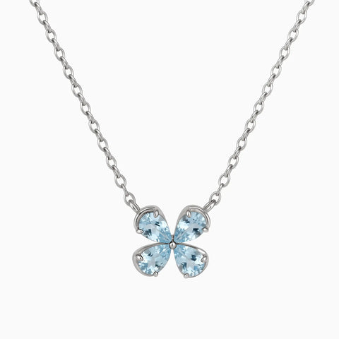 925 Sterling Silver Four-Leaf Aquamarine Necklace - Lucky Quartet Front View