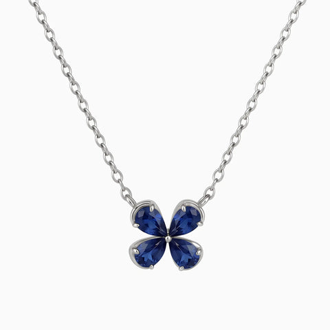 925 Sterling Silver Four-Leaf Blue Sapphire Necklace - Lucky Quartet Front View