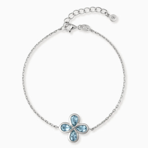 925 Sterling Silver Four-Leaf Clover Aquamarine Bracelet - Fortune Wish Front View