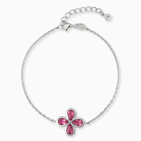 925 Sterling Silver Four-Leaf Clover Pink Tourmaline Bracelet - Fortune Wish Front View