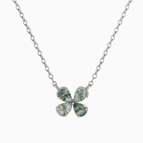 925 Sterling Silver Four-Leaf Moss Agate Necklace - Lucky Quartet Front View