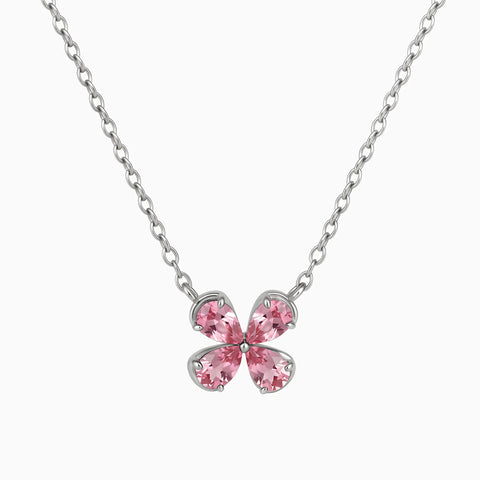 925 Sterling Silver Four-Leaf Pink Tourmaline Necklace - Lucky Quartet Front View
