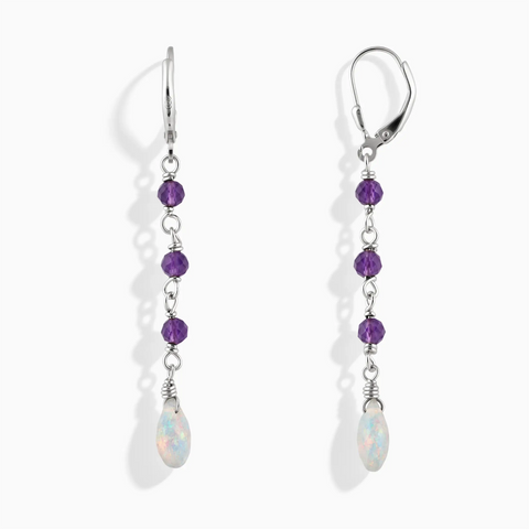 925 Sterling Silver Freeform Amethyst & Opal Linked Dangle Earrings - Trailing Whispers Front View