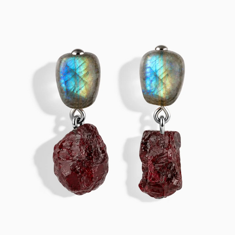 925 Sterling Silver Freeform Labradorite & Raw Garnet Stud Earrings - Tethered Earth Front View