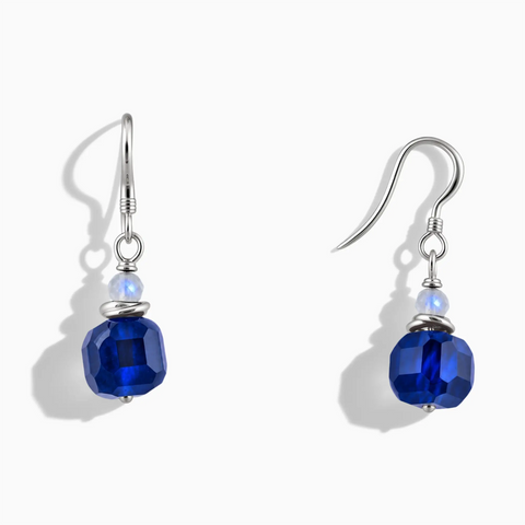 925 Sterling Silver Freeform Moonstone & Blue Sapphire Dangle Earrings - Woven Duet Front View