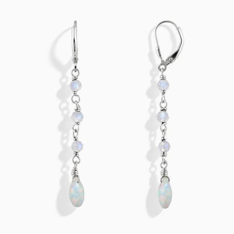 925 Sterling Silver Freeform Moonstone & Opal Linked Dangle Earrings - Trailing Whispers Front View