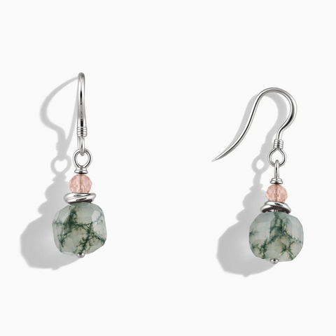 925 Sterling Silver Freeform Rose Quartz & Moss Agate Dangle Earrings - Woven Duet Front View