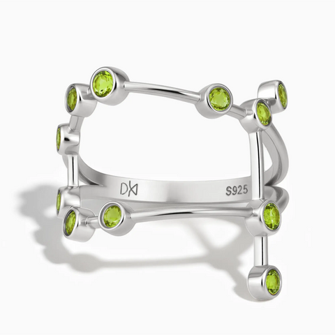 925 Sterling Silver Gemini Zodiac Constellation Ring - Peridot Front View