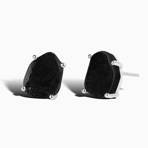 925 Sterling Silver Geometric Freeform Black Onyx Stud Earrings - Facet Prism Front View