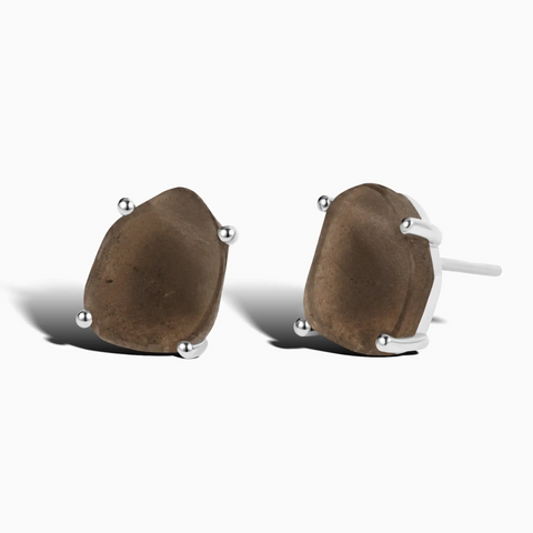 925 Sterling Silver Geometric Freeform Smoky Quartz Stud Earrings - Facet Prism Front View
