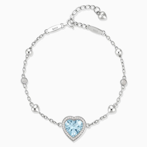 925 Sterling Silver Halo Heart Aquamarine Station Bracelet - Sweet Love Front View