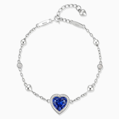 925 Sterling Silver Halo Heart Blue Sapphire Station Bracelet - Sweet Love Front View