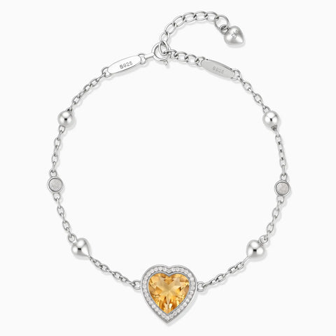 925 Sterling Silver Halo Heart Citrine Station Bracelet - Sweet Love Front View